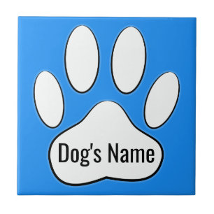 White Dog Paw Print On Blue Add Name Tile