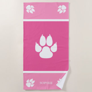 White Dog Paws On Pink With Custom Name Beach Towel