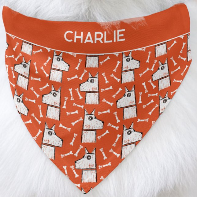 White Dog Personalized Name Pet Bandana Collar (Cute personalized custom name white dog with bones pattern orange pet bandana)