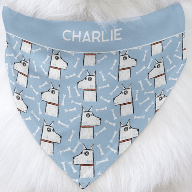 White Dog Personalized Name Pet Bandana Collar (Cute personalized custom name white dog with bones pattern blue pet bandana)