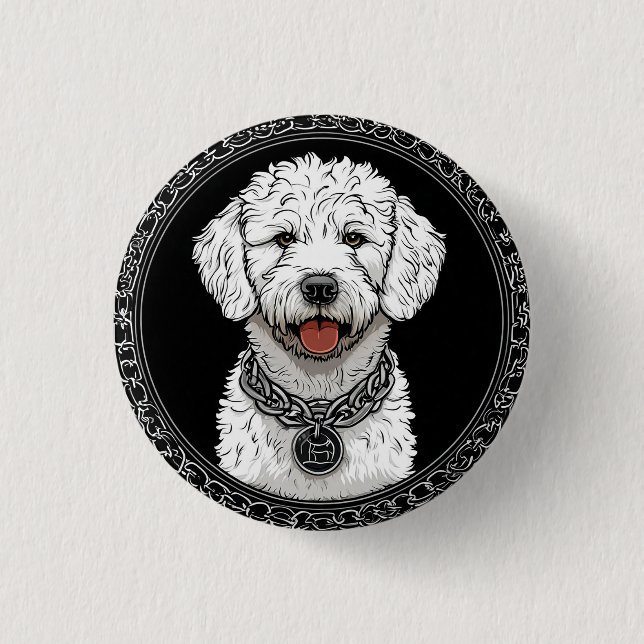 White Dog Portrait with Chain Collar Button (Front)