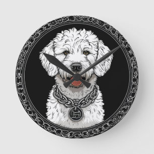 White Dog Portrait with Chain Collar Round Clock