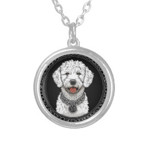 White Dog Portrait with Chain Collar Silver Plated Necklace