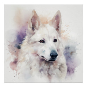 White Dog Portrait with Soft Lavender Washes Poster