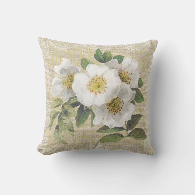 White dog roses & lace floral vintage pillow (Front)