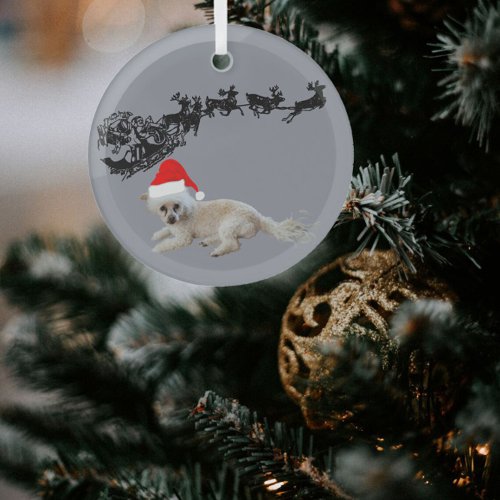 White Dog with Santa Hat  Sleigh and Reindeer  Glass Ornament