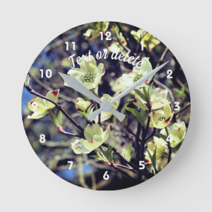 White Dogwood Flower Blossoms Personalized Round Clock