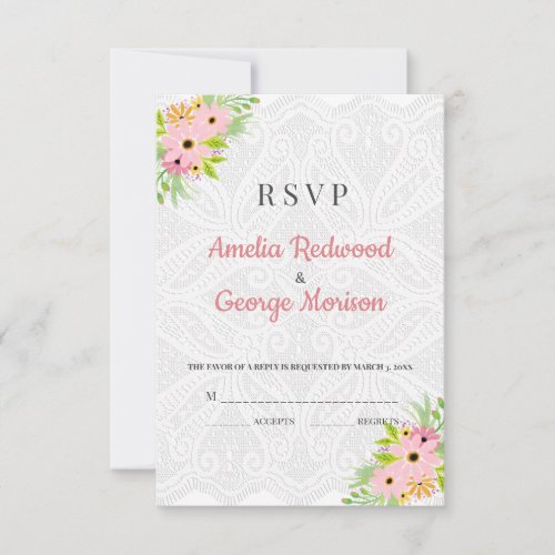 White Doily And Flowers RSVP Card