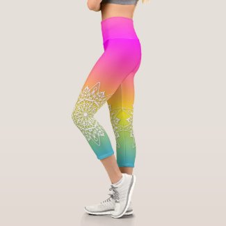 White Doily Lace Mandalas On A Rainbow Ombre Capri Leggings