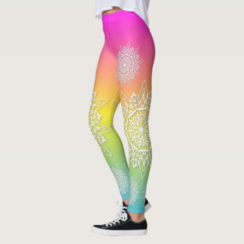White Doily Lace Mandalas On A Rainbow Ombre Leggings