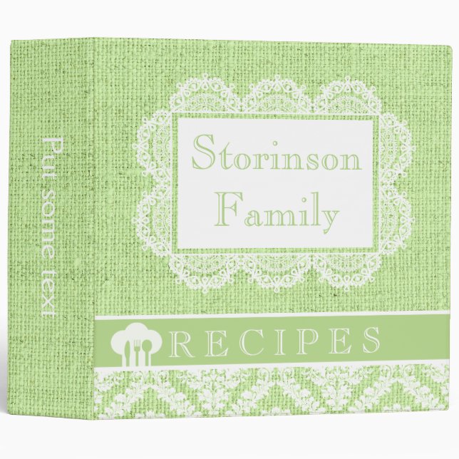 White doily with lace and green burlap recipe 3 ring binder (Front/Spine)