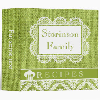 White doily with lace and green burlap recipe 3 ring binder