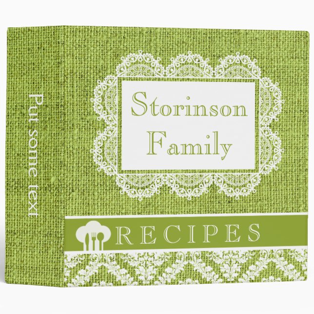 White doily with lace and green burlap recipe 3 ring binder (Front/Spine)