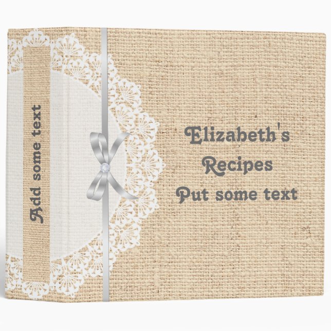 White doily with lace and linen burlap recipe binder (Front/Spine)