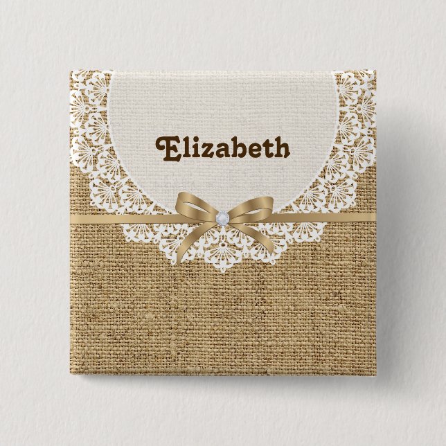 White doily with lace and linen natural burlap button (Front)