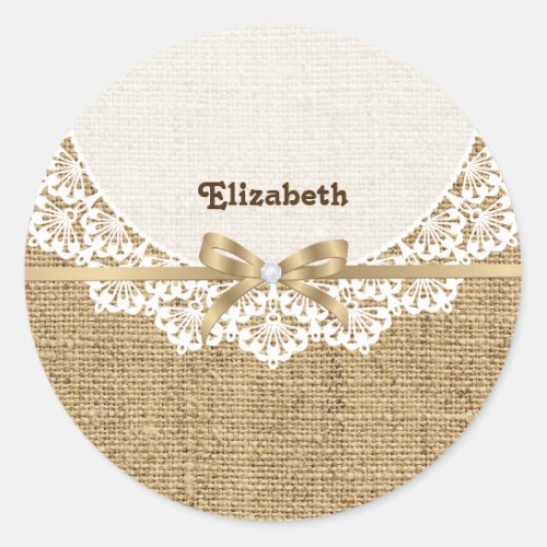 White doily with lace and linen natural burlap classic round sticker