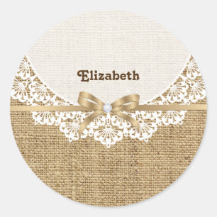 White doily with lace and linen natural burlap classic round sticker