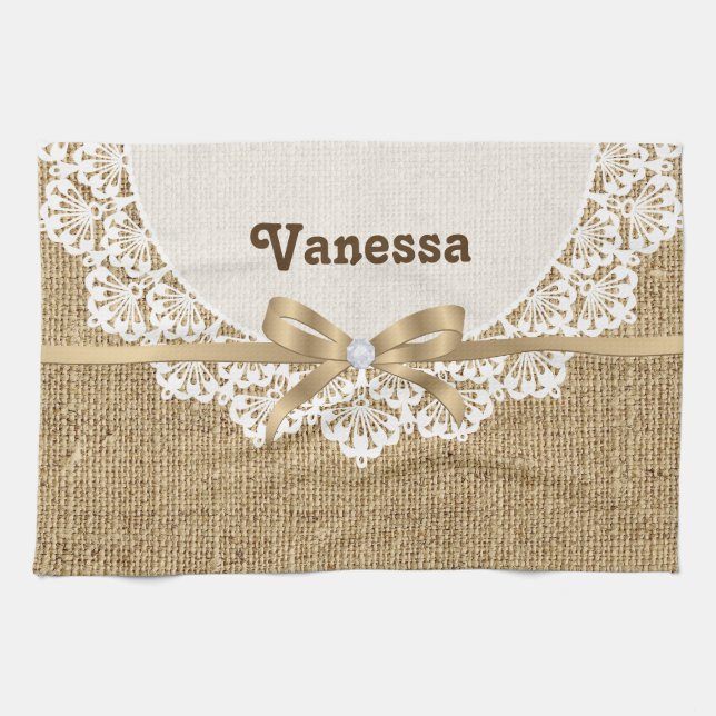 White doily with lace and linen natural burlap kitchen towel (Horizontal)