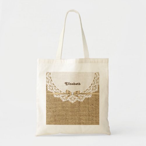 White doily with lace and linen natural burlap tote bag
