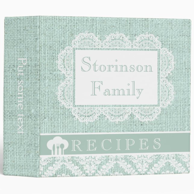 White doily with lace and mint green burlap recipe 3 ring binder (Front/Spine)