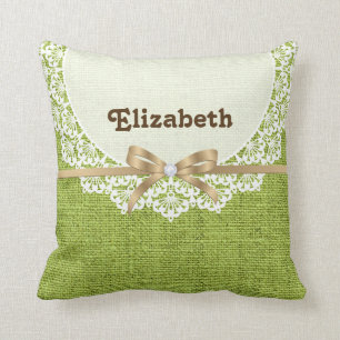 White doily with lace & lime green colored burlap throw pillow