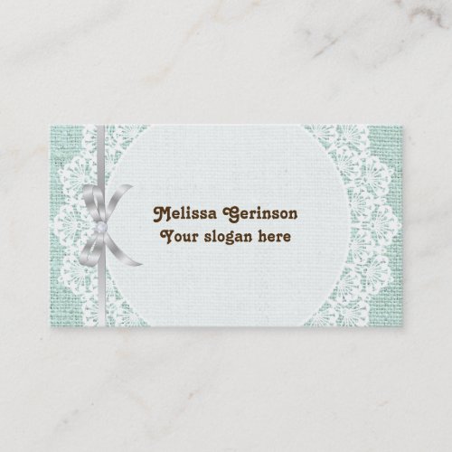 White doily with lace  mint green colored burlap business card