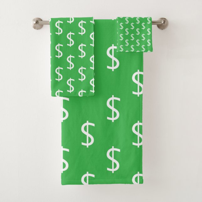 White Dollar $igns Repeat Brt Green Decorative Bath Towel Set (Insitu)