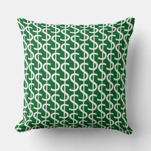 White Dollar $igns Repeat Rich Green Decorative Throw Pillow