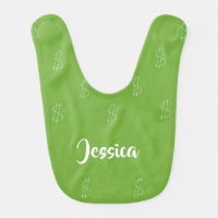 White dollar sign on green baby bib