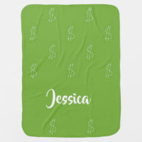 White dollar sign on green baby blanket