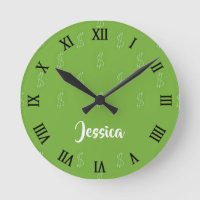 White dollar sign on green round clock