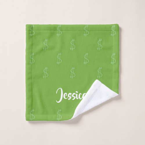 White dollar sign on green wash cloth