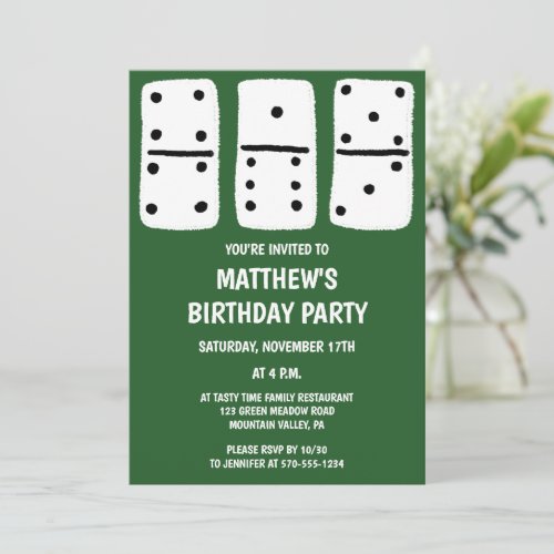 White Dominoes with Black Dots Green Invitation