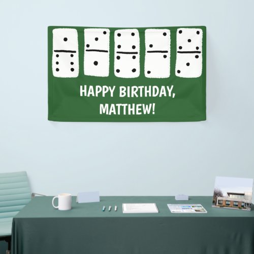 White Dominoes with Black Dots on Green Banner