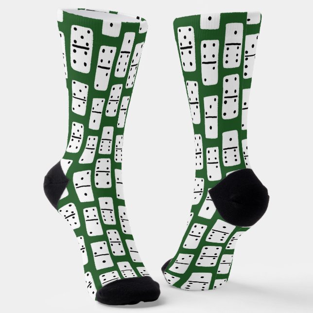 White Dominoes with Black Dots on Green Patterned Socks (Angled)