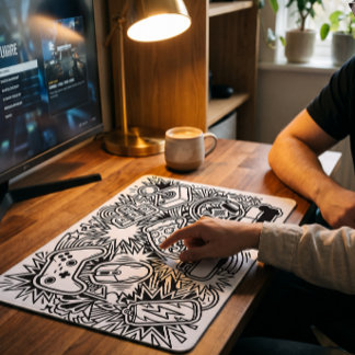 White Doodle Art Gaming Icons Mouse Pad