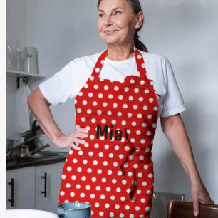 White dot red background with name classic apron