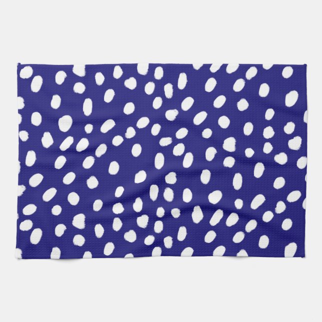 White Dots Dark Blue Kitchen Towel (Horizontal)