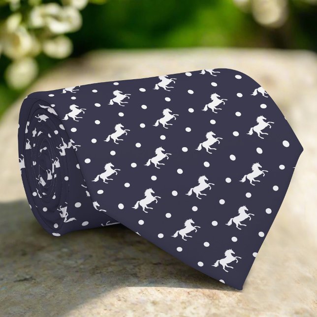 White Dots & Horses On Dark Blue Background Neck Tie (Creator Uploaded)