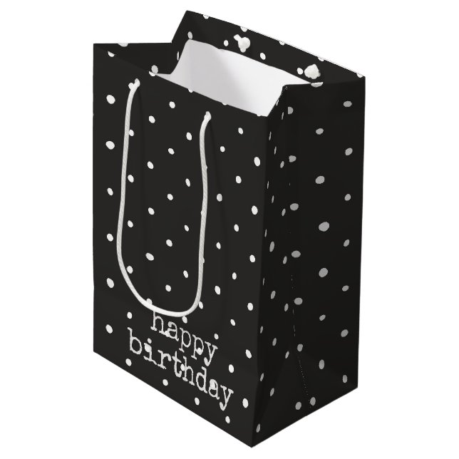 White dots on black birthday medium gift bag (Front Angled)