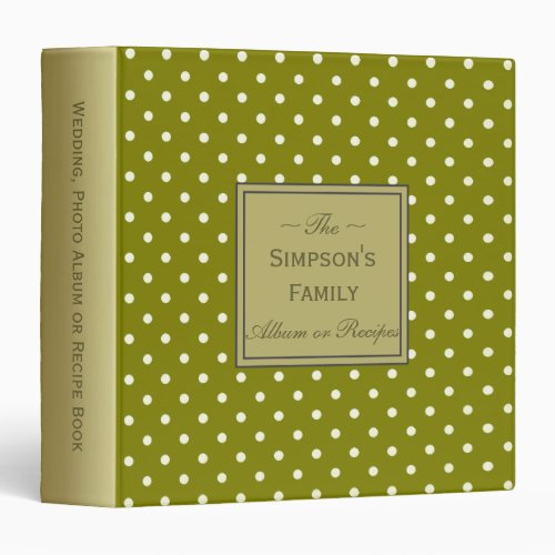 White Dots on Olive Green Photo Album Recipes 3 Ring Binder