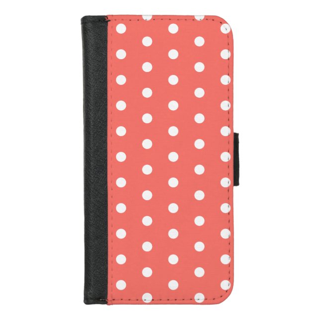 White dots pattern on live coral iPhone wallet case (Front)