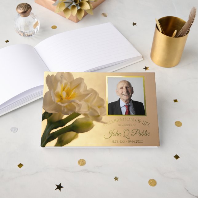 White Double Daffodil Celebration of Life Memorial Foil Guest Book (Front Open)