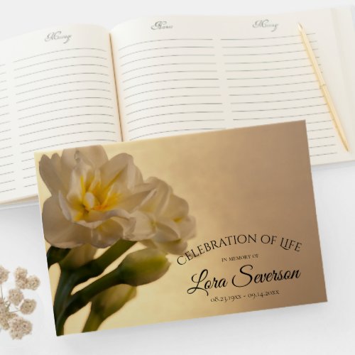 White Double Daffodil Celebration of Life Memorial Guest Book