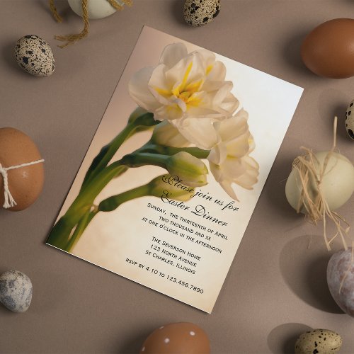 White Double Daffodils Floral Easter Dinner Invitation