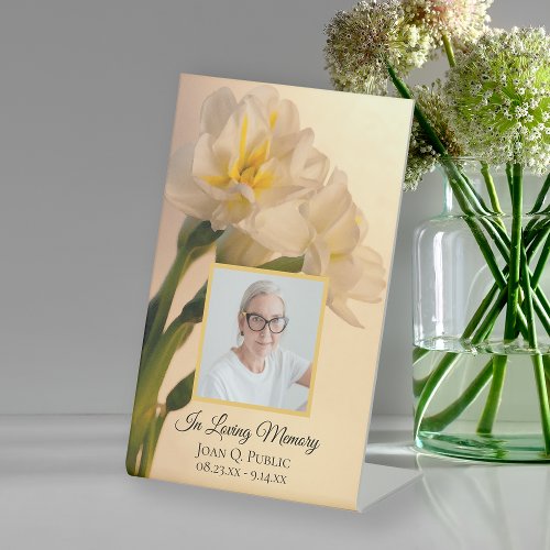 White Double Daffodils Funeral Memorial  Pedestal Sign