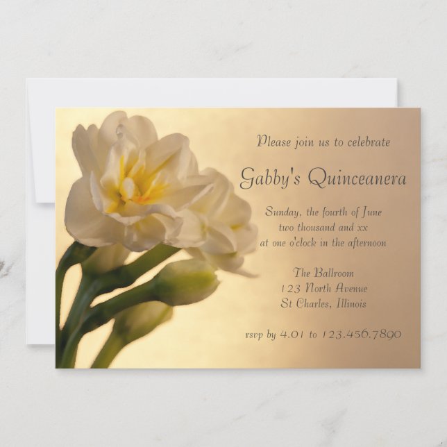White Double Daffodils Quinceanera Invitation (Front)