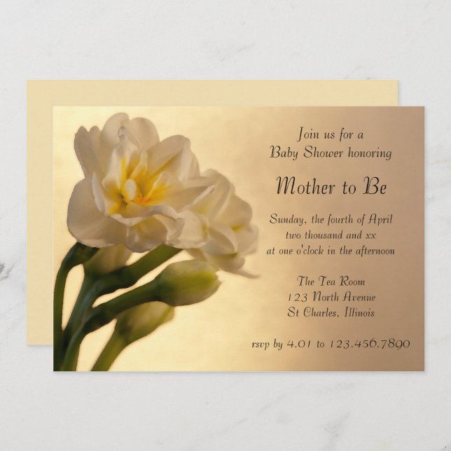 White Double Daffodils Spring Baby Shower Invitation (Front/Back)