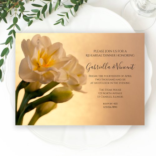 White Double Daffodils Wedding Rehearsal Dinner Invitation