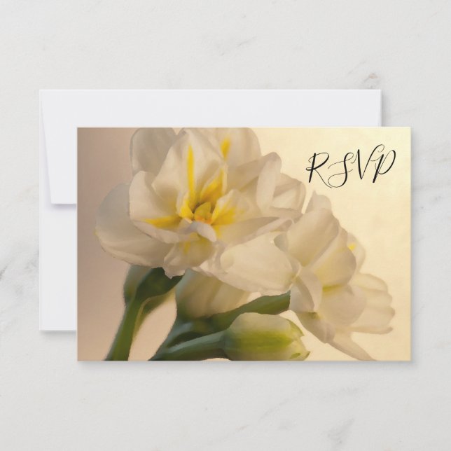 White Double Daffodils Wedding RSVP Response Card (Front)